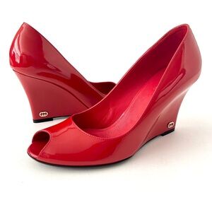 GUCCI | Red Patent Leather GG Logo Peep Toe Wedge Pumps Heels Shoes Size 6 US